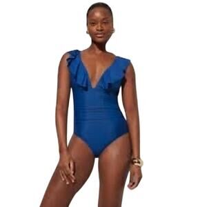 NWT J.Crew Blue Ruched Ruffle V-Neck One Piece Swimsuit Women’s 24